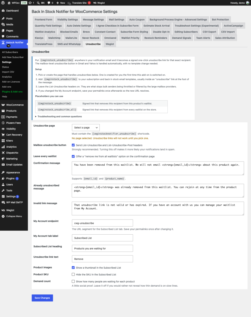 Unsubscribe Add-on - Back In Stock Notifier for WooCommerce screenshot 1