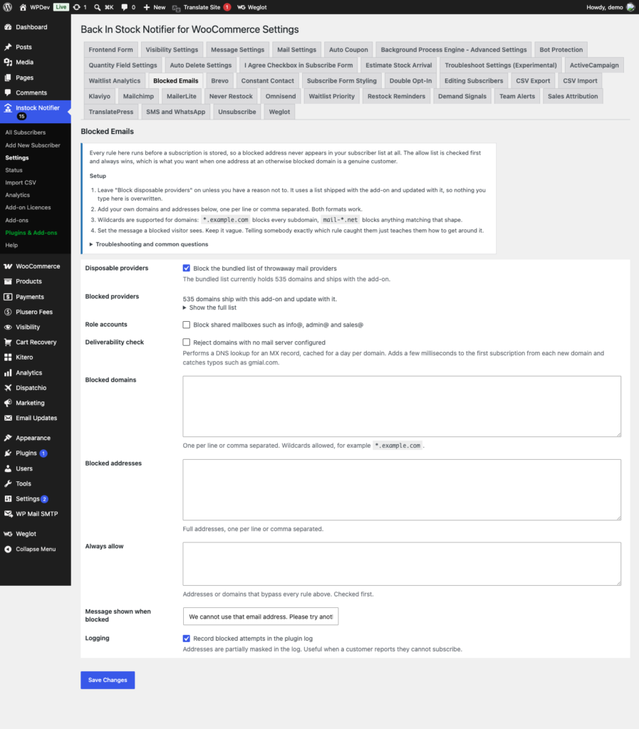 Ban Emails - Back In Stock Notifier for WooCommerce screenshot 2