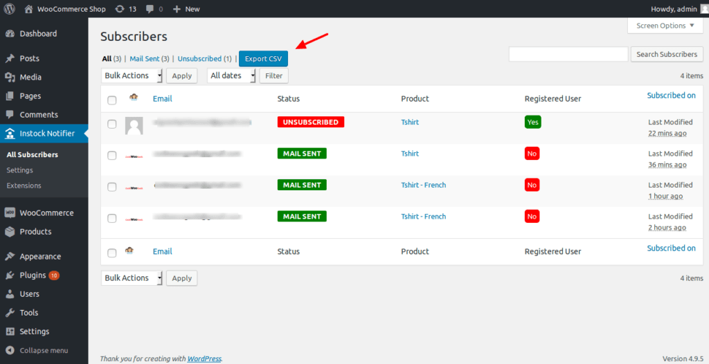 Export CSV Add-on - Back In Stock Notifier for WooCommerce screenshot 1