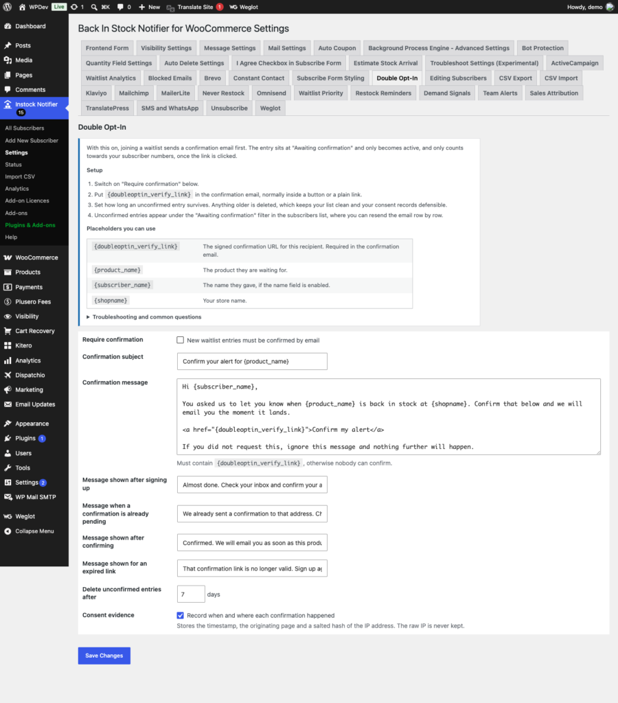 Double Opt-In Add-on - Back In Stock Notifier for WooCommerce screenshot 1