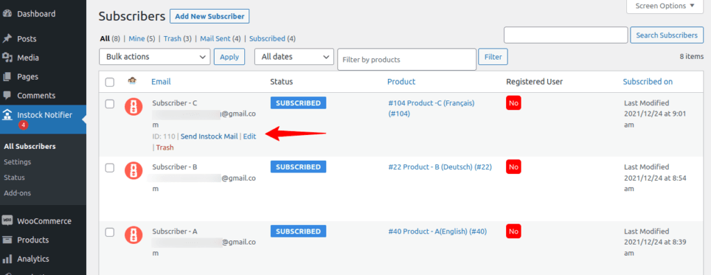 Edit Subscribers Add-on - Back In Stock Notifier for WooCommerce screenshot 3