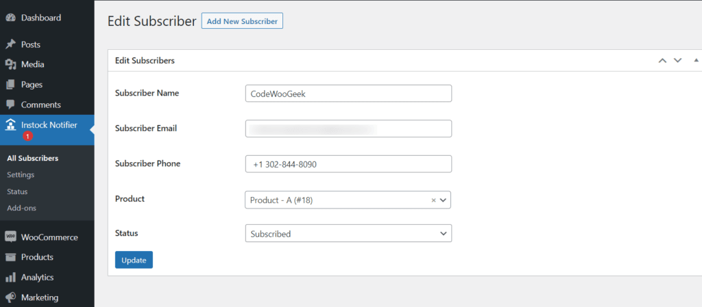 Edit Subscribers Add-on - Back In Stock Notifier for WooCommerce screenshot 4