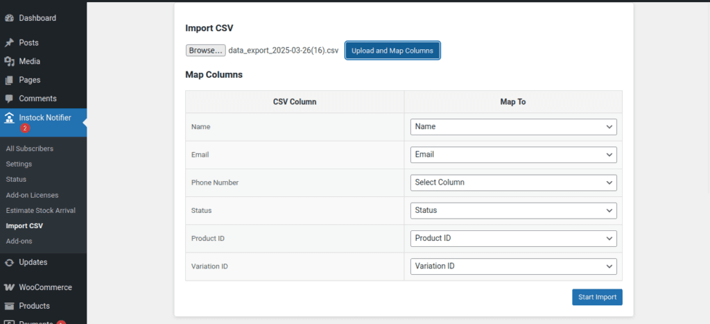 Import CSV Add-on - Back In Stock Notifier for WooCommerce screenshot 3