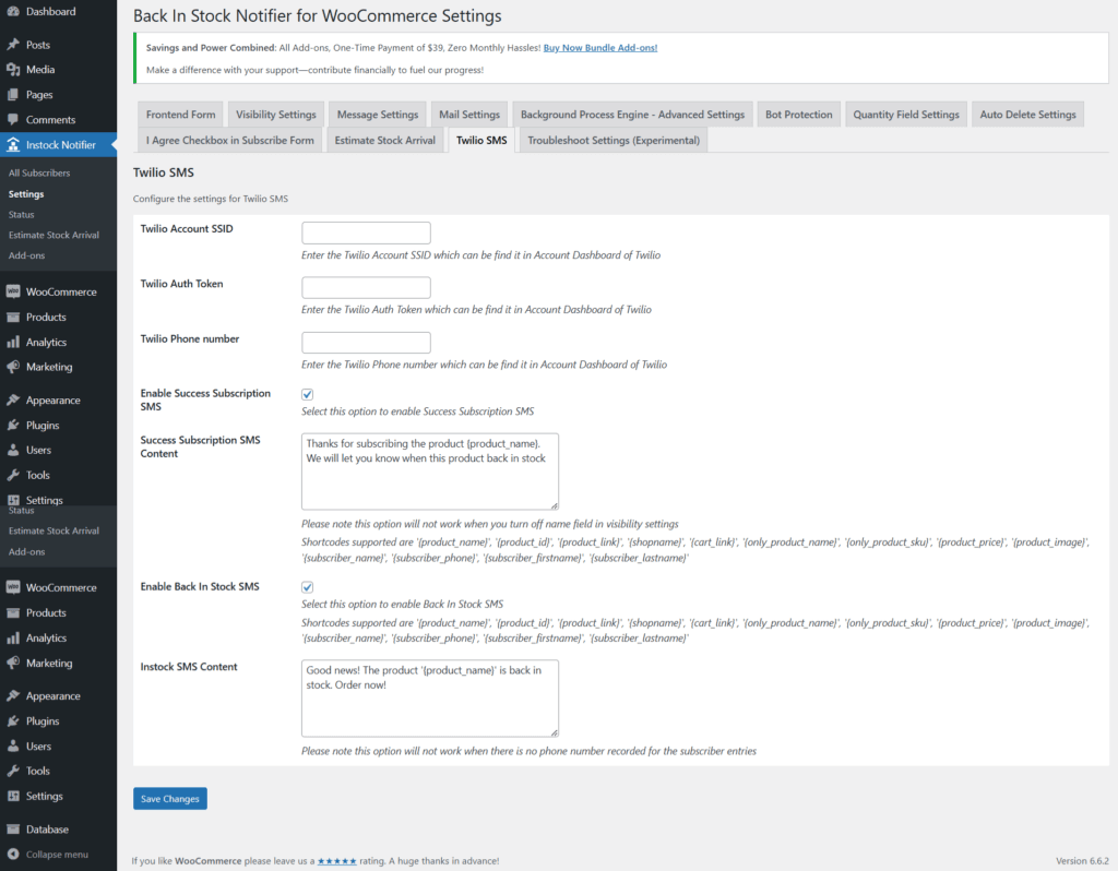 Twilio SMS - Back In Stock Notifier for WooCommerce screenshot 1