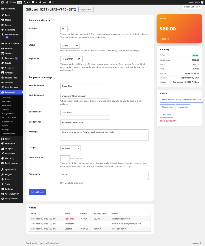 Presentero - Gift Cards for WooCommerce screenshot 11