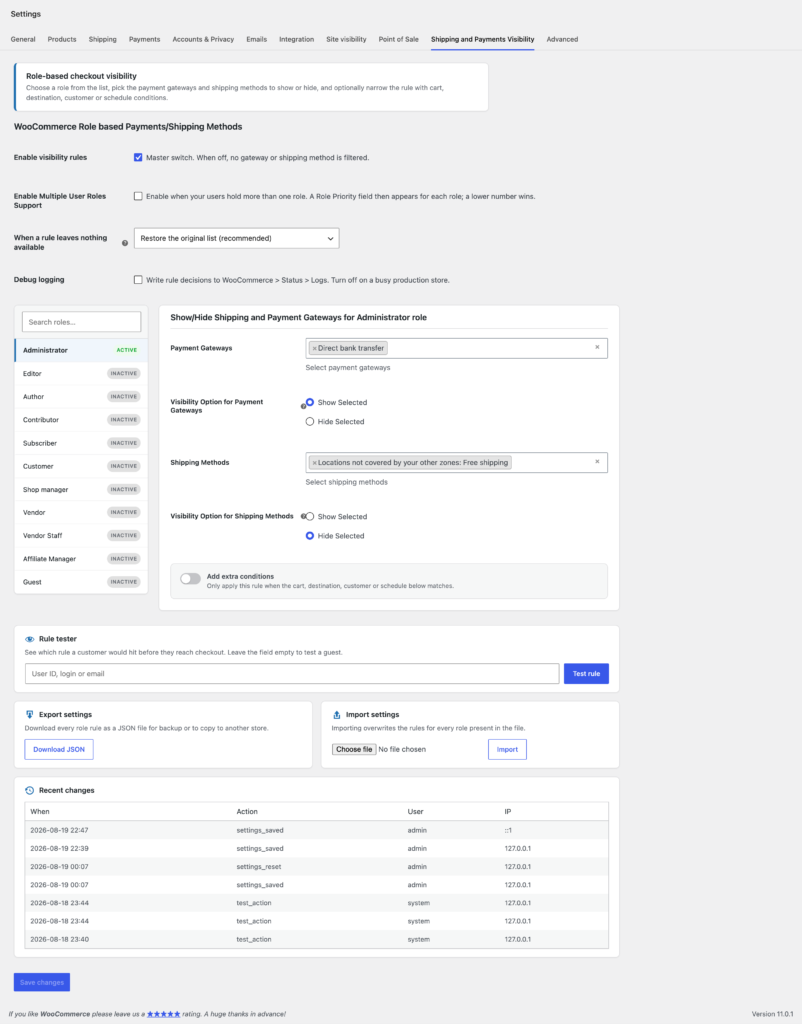 WooCommerce Role based Payments and Shipping Methods screenshot 1