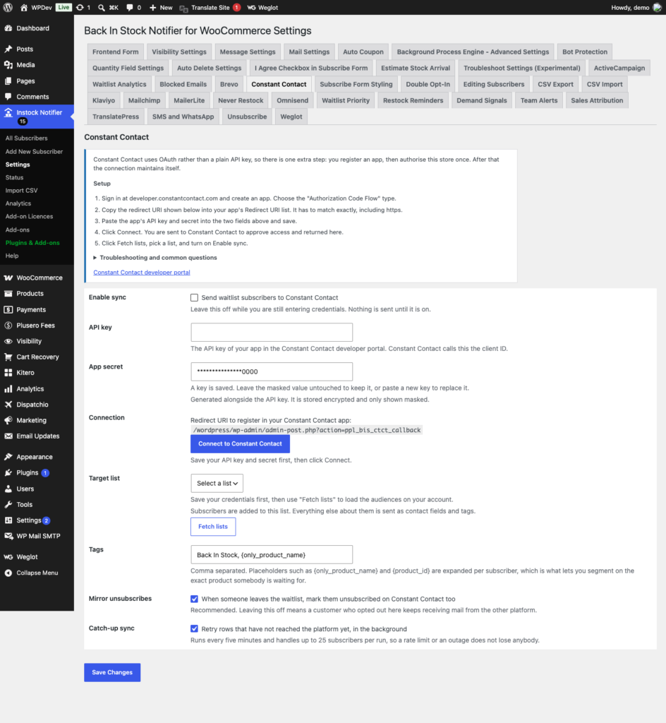 Constant Contact Add-on - Back In Stock Notifier for WooCommerce screenshot 1