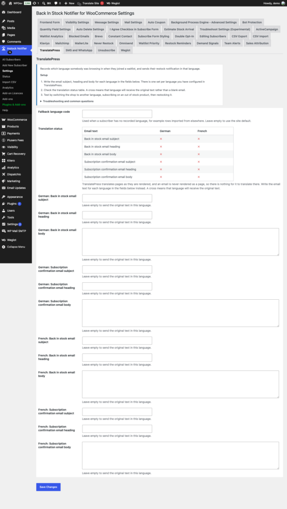 Translatepress Add-on - Back In Stock Notifier for WooCommerce screenshot 1