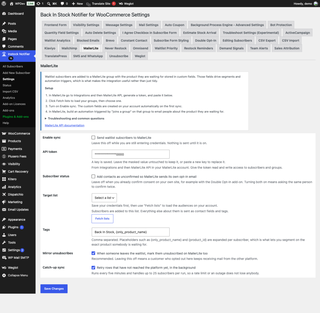 MailerLite Add-on - Back In Stock Notifier for WooCommerce screenshot 1