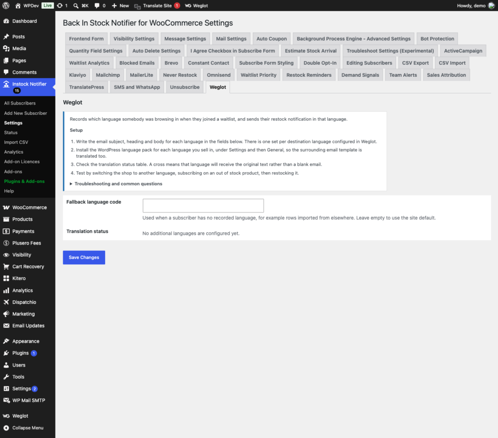 Weglot Add-on - Back In Stock Notifier for WooCommerce screenshot 1