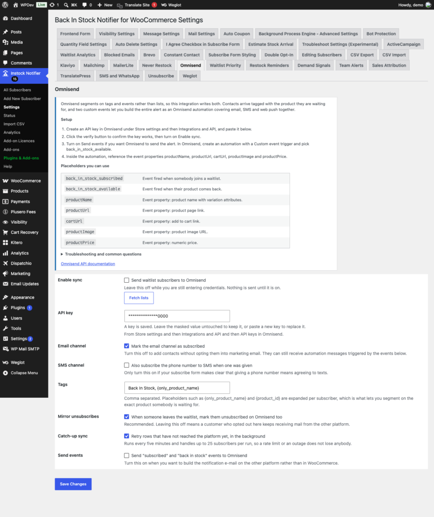 Omnisend Add-on - Back In Stock Notifier for WooCommerce screenshot 1