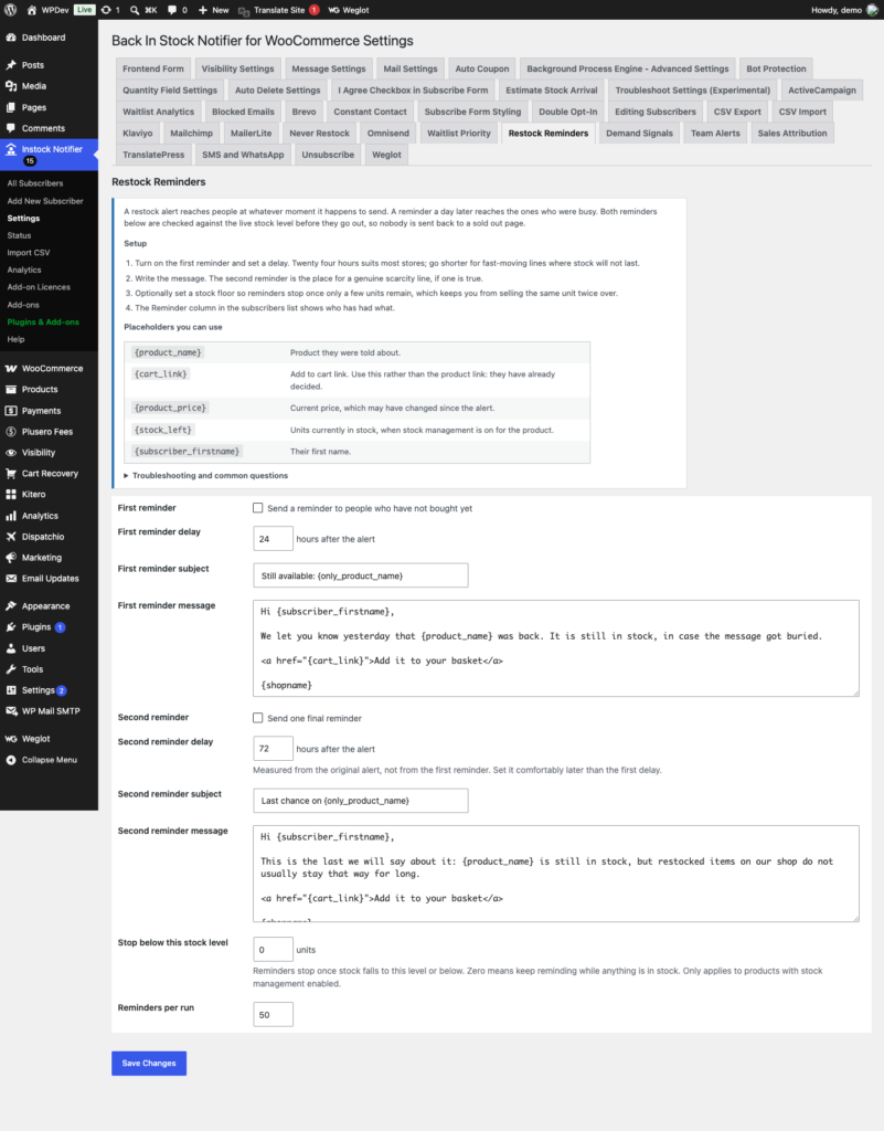 Reminders Add-on - Back In Stock Notifier for WooCommerce screenshot 1