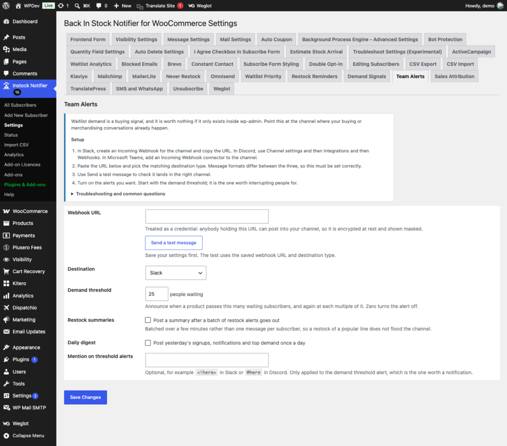 Team Alerts Add-on - Back In Stock Notifier for WooCommerce screenshot 1