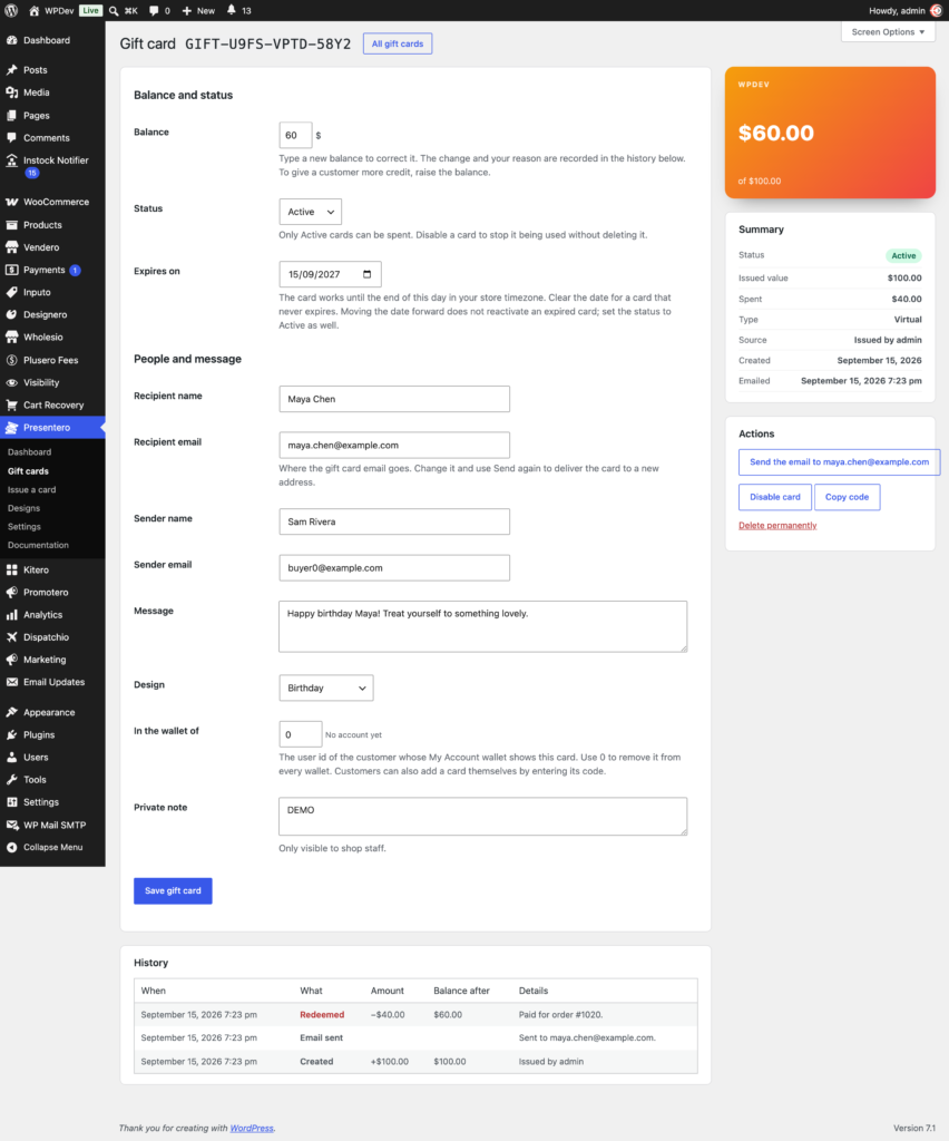 Presentero - Gift Cards for WooCommerce Free screenshot 8