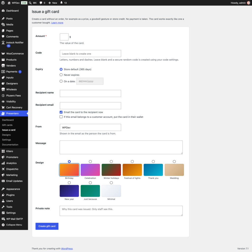 Presentero - Gift Cards for WooCommerce Free screenshot 9