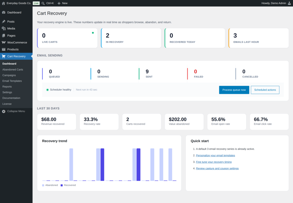 Recovero - Cart Abandonment Recovery for WooCommerce screenshot 1